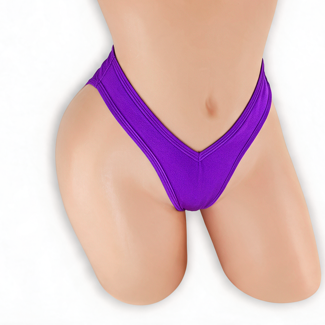 Amethyst purple high waisted scrunch v-back thong on mannequin, front view, Golddiggers Boutique