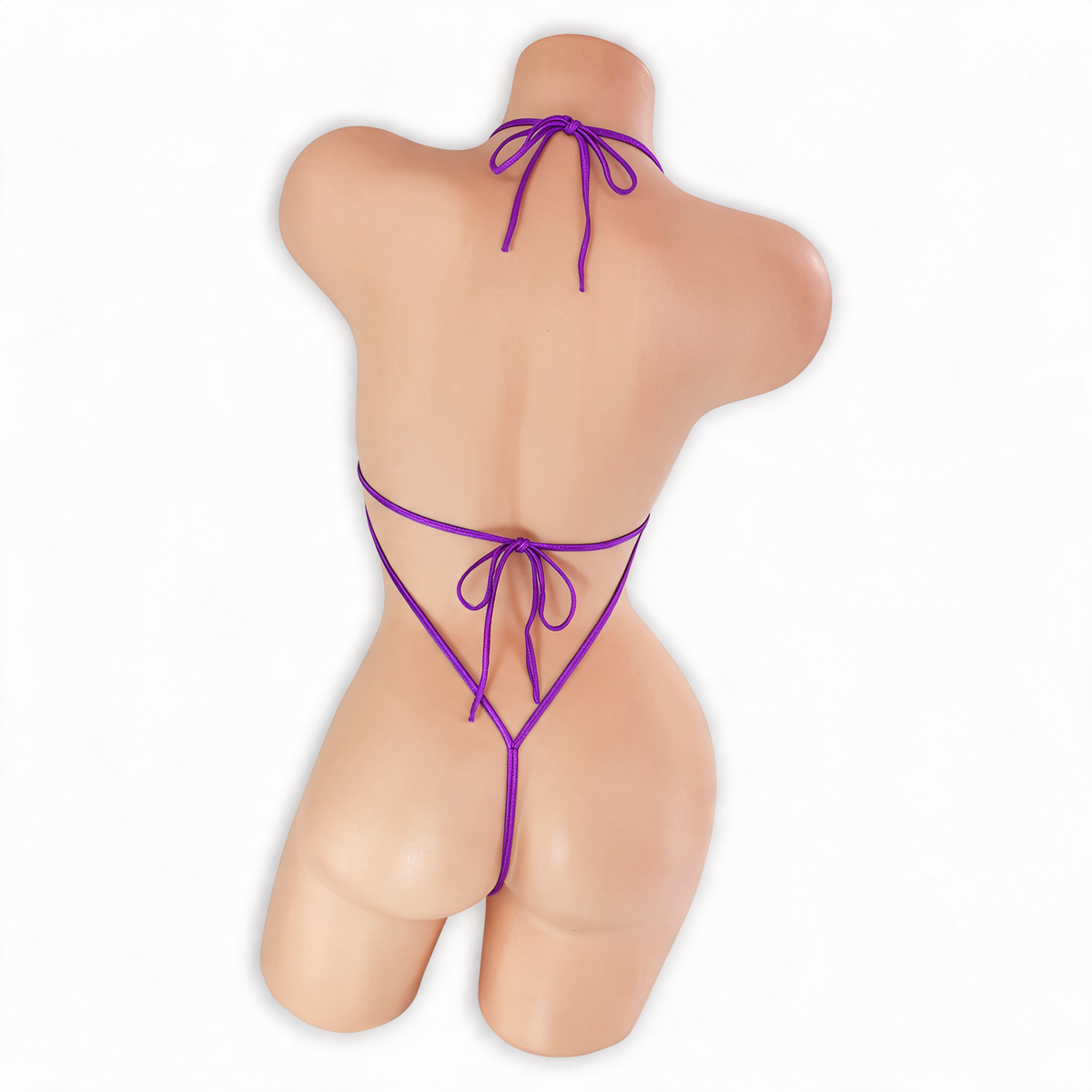 Amethyst (Purple) Juno Micro Bling Bodysuit back view on mannequin, halter neck tie, bow tie back and G-string