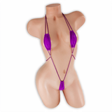 Amethyst (Purple) Kali Teeny Weeny Slingshot Bodysuit front view on mannequin, tiny scrunched cups and micro pouch