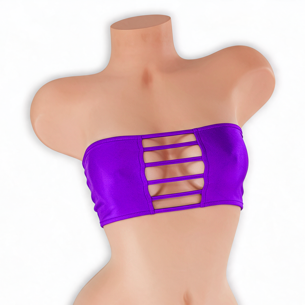 Amethyst purple ladder cutout bandeau top on mannequin, front view, Golddiggers Boutique