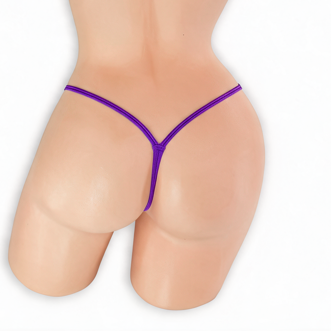 Amethyst purple mini v-back thong on mannequin, back view, Golddiggers Boutique