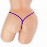 Amethyst purple mini v-back thong on mannequin, back view, Golddiggers Boutique