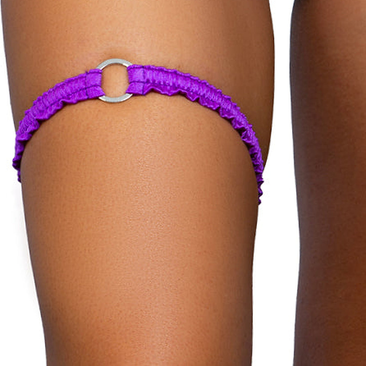 Amethyst purple o-ring ruched tip garter worn on the thigh, Golddiggers Boutique