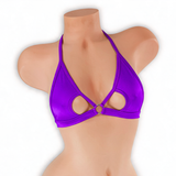 Amethyst purple open front o-ring top on mannequin, front view, Golddiggers Boutique