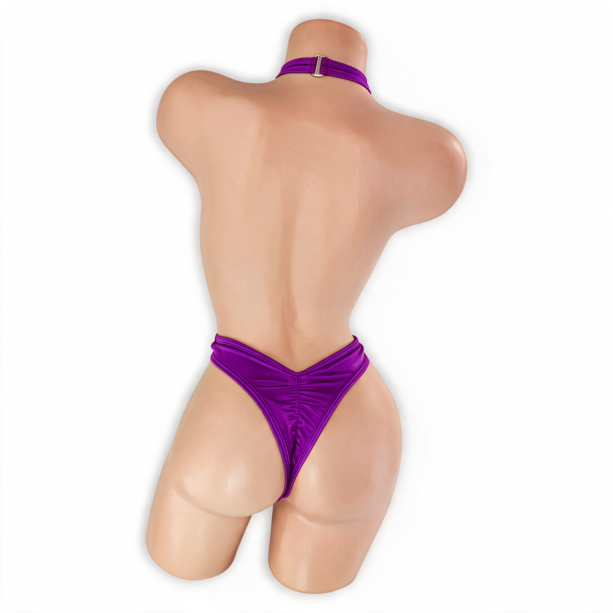 Amethyst purple Savannah criss cross halter thong bodysuit, back, Golddiggers Boutique