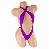 Amethyst purple Savannah criss cross halter thong bodysuit, front, Golddiggers Boutique