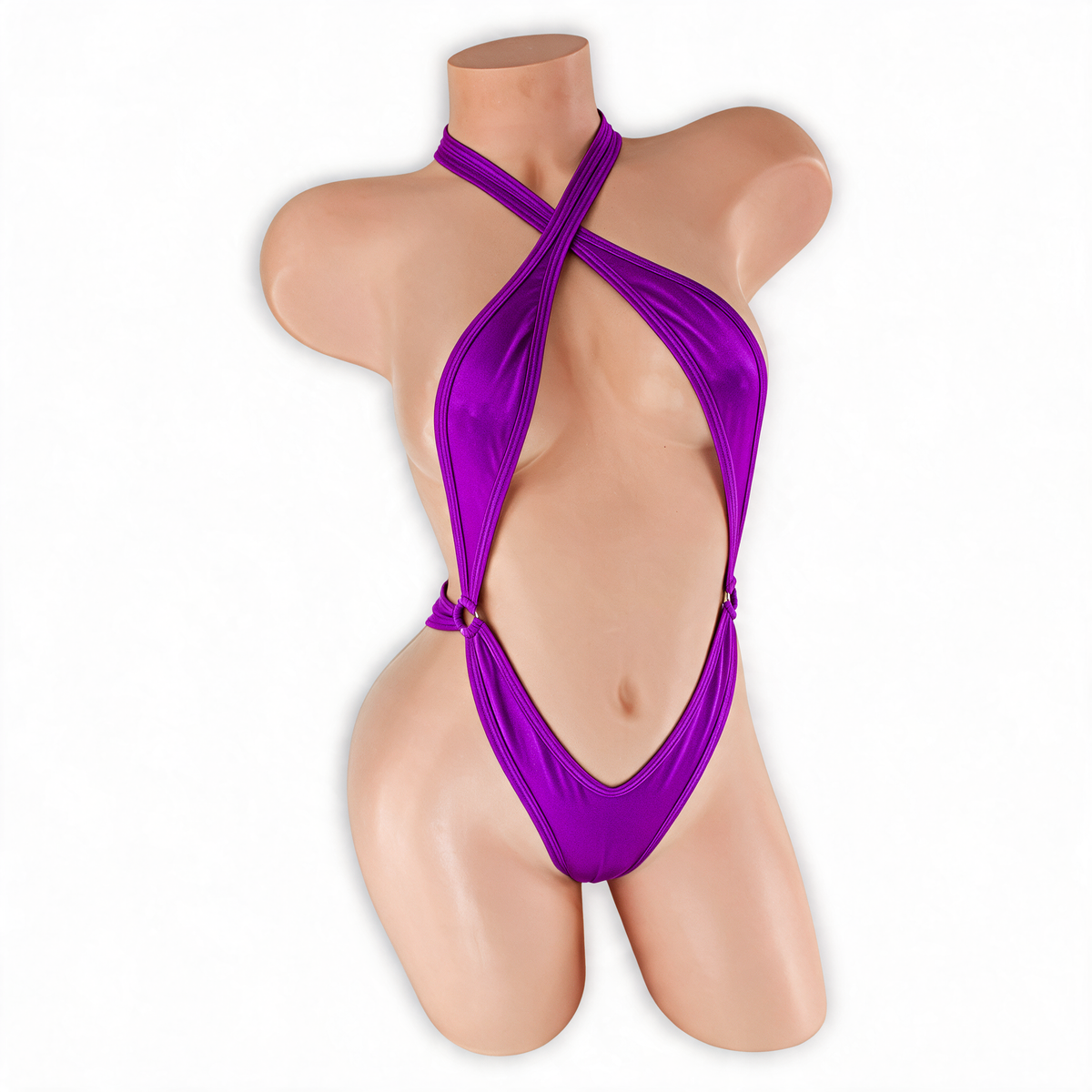 Amethyst purple Savannah criss cross halter thong bodysuit, front, Golddiggers Boutique