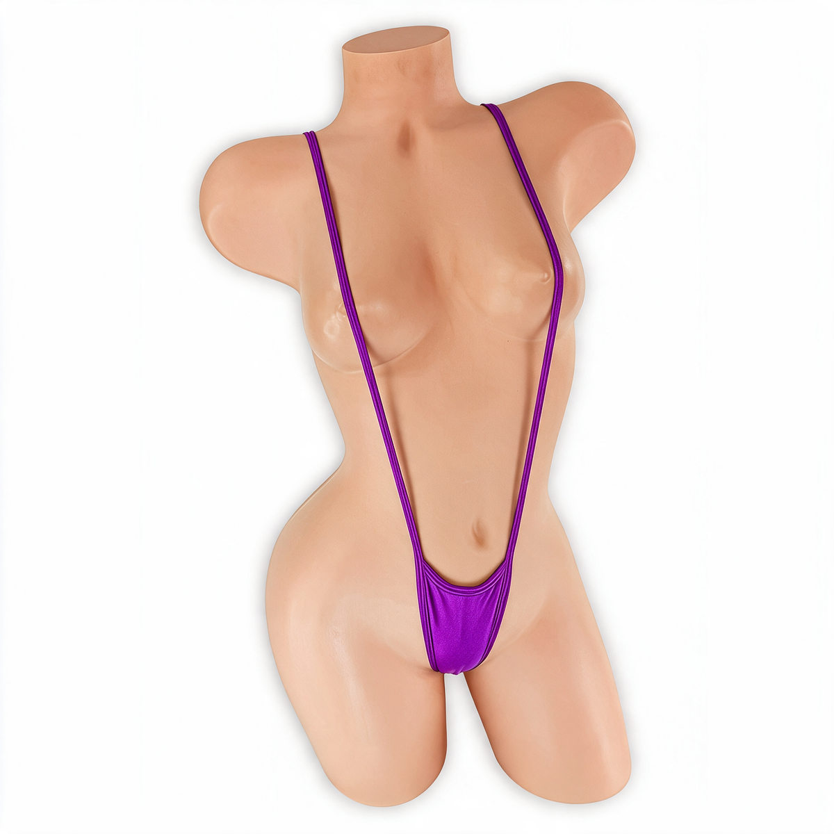 Amethyst purple suspender slingshot thong on mannequin, front view, Golddiggers Boutique