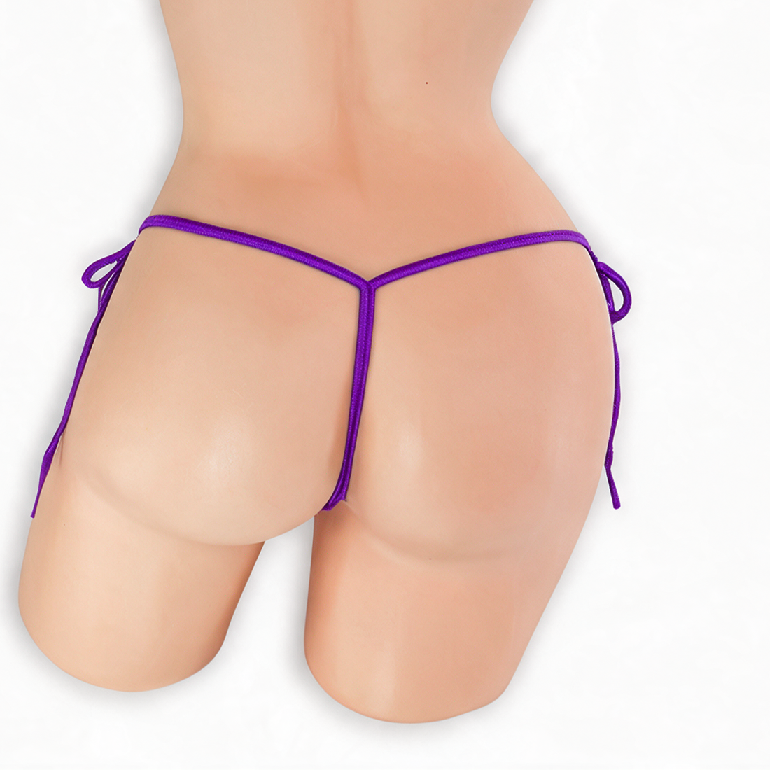 Amethyst purple tie side g-string on mannequin, back view, Golddiggers Boutique