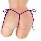 Amethyst purple tie side t-back thong on mannequin, back view, Golddiggers Boutique