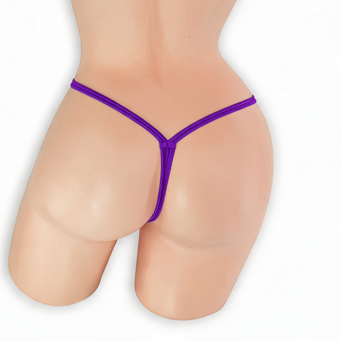 Amethyst purple wide strap low rise v-back thong on mannequin, back view, Golddiggers Boutique