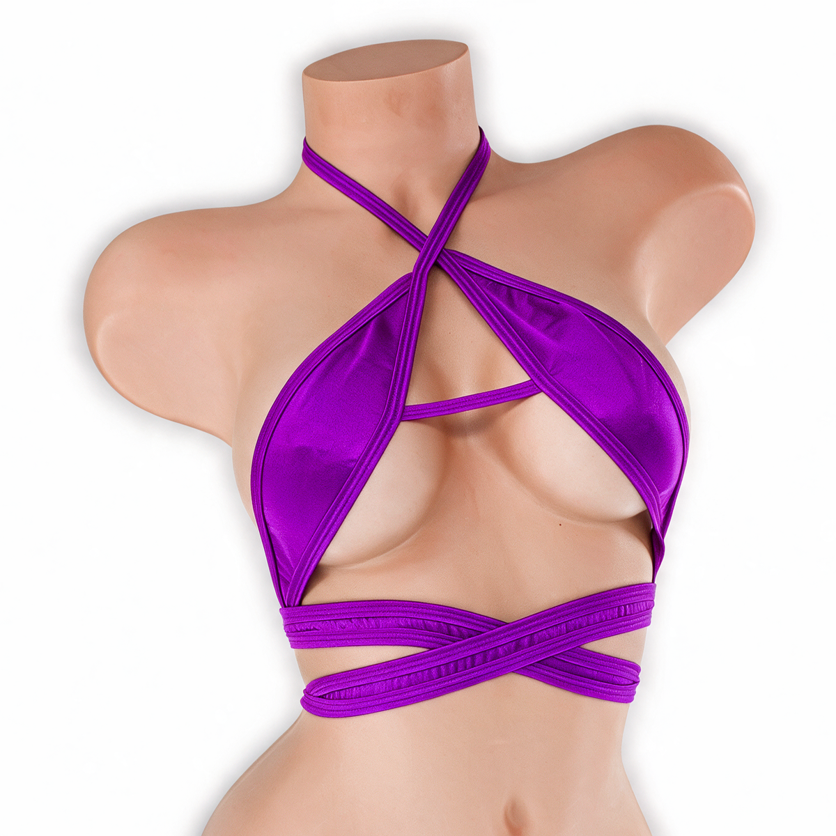 Amethyst purple wrap around strappy top on mannequin, front view, Golddiggers Boutique