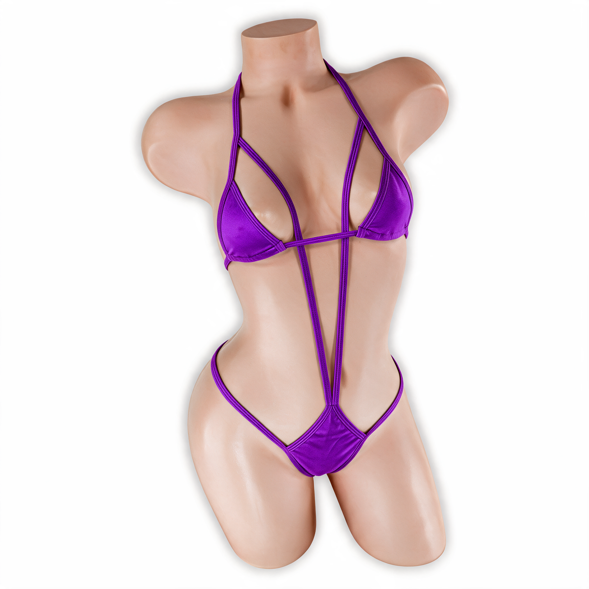 Amethyst purple Zaria micro triangle slingshot bodysuit, front, Golddiggers Boutique