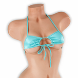 Aquamarine baby blue adjustable center tie top with center tie on mannequin, front view, Golddiggers Boutique