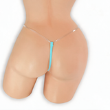 Aquamarine baby blue clear strap g-string on mannequin, back view, Golddiggers Boutique