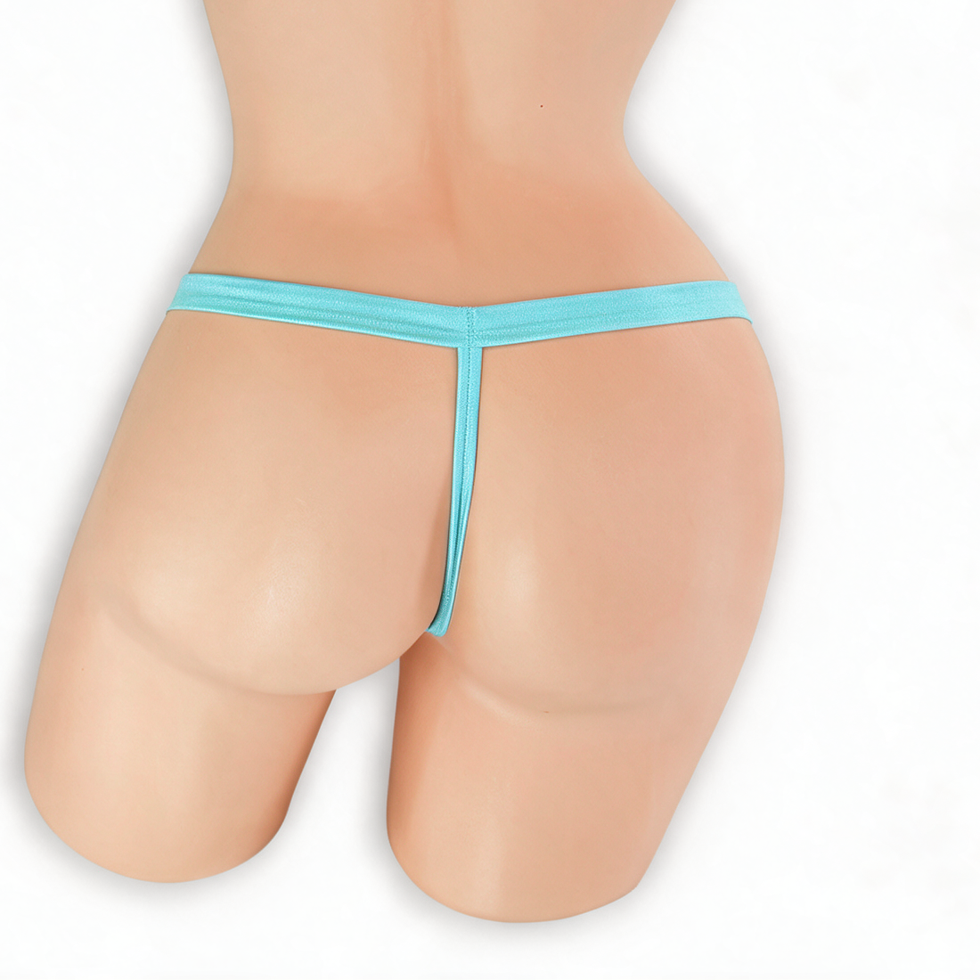 Aquamarine baby blue comfort strap t-back thong on mannequin, back view, Golddiggers Boutique