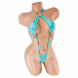 Aquamarine baby blue Desiree double O-ring halter bodysuit, front, Golddiggers Boutique