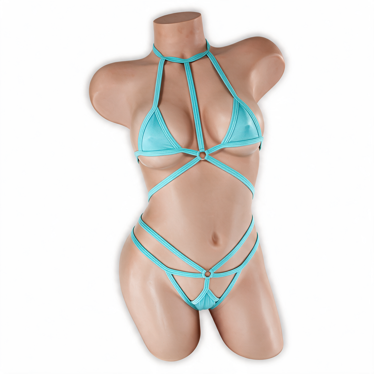 Aquamarine baby blue Dolly Choker Micro Bodysuit, front, Golddiggers Boutique