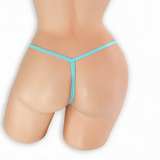 Aquamarine baby blue double clip low rise v-back thong on mannequin, back view, Golddiggers Boutique