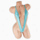 Aquamarine (Baby Blue) Elektra V Slingshot Bodysuit front view on mannequin, deep V straps over the chest