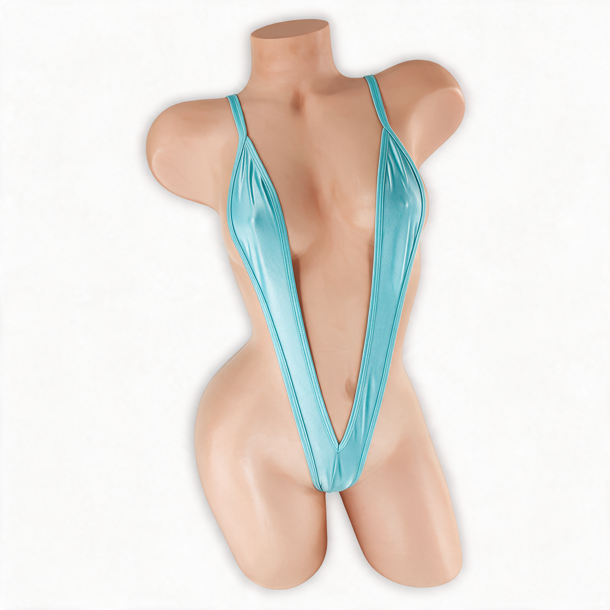 Aquamarine (Baby Blue) Elektra V Slingshot Bodysuit front view on mannequin, deep V straps over the chest