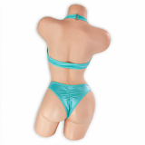 Aquamarine baby blue Esmeralda asymmetrical O-ring halter bodysuit, back, Golddiggers Boutique