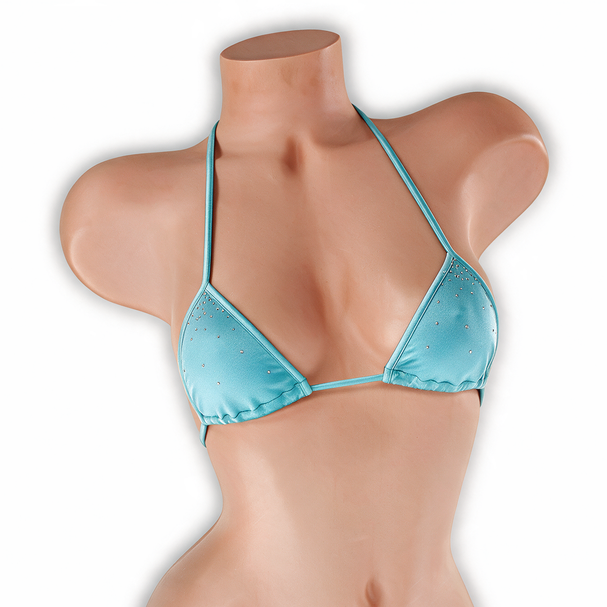 Aquamarine baby blue fairy dust mini tri top with tiny silver rhinestones on mannequin, front view, Golddiggers Boutique