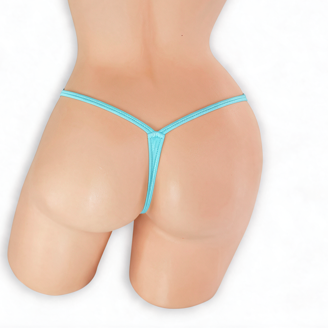 Aquamarine baby blue fairy dust v-front g-string on mannequin, back view, Golddiggers Boutique