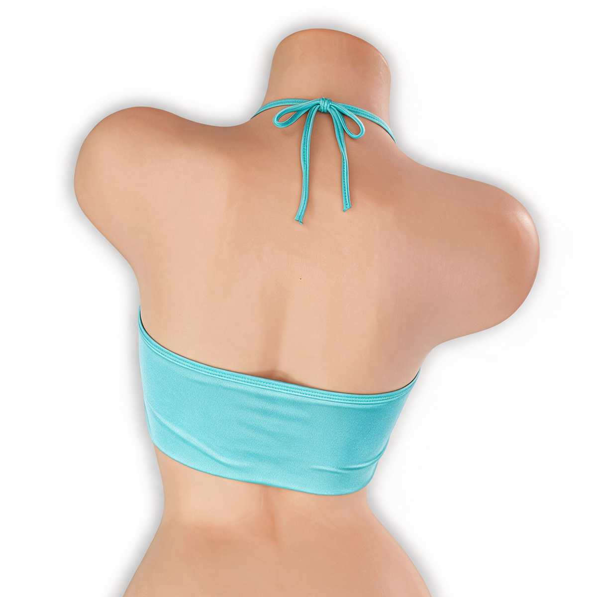 Aquamarine baby blue flowy o-ring top on mannequin, back view, Golddiggers Boutique