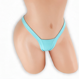 Aquamarine baby blue heart v-back thong on mannequin, front view, Golddiggers Boutique