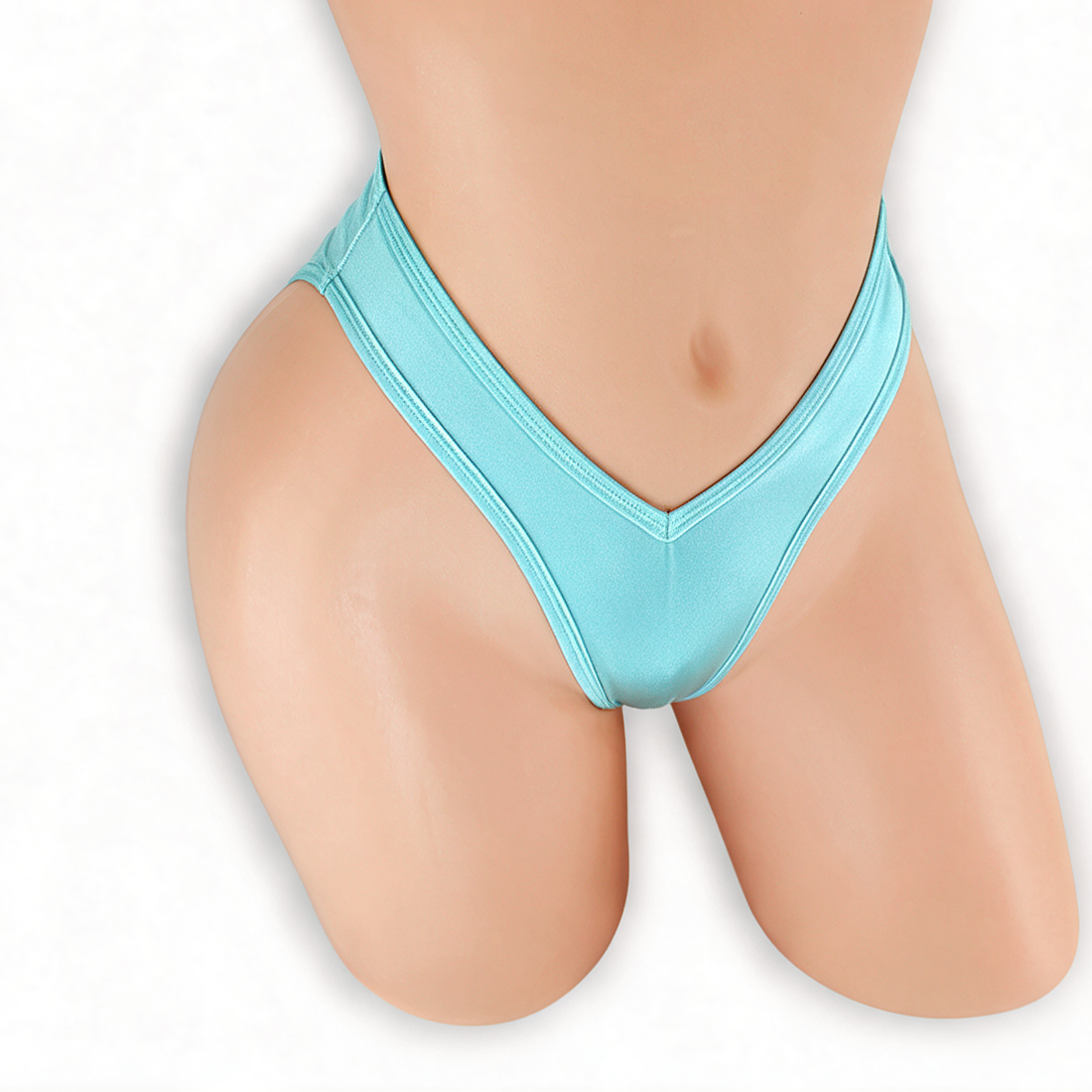 Aquamarine baby blue high waisted scrunch v-back thong on mannequin, front view, Golddiggers Boutique