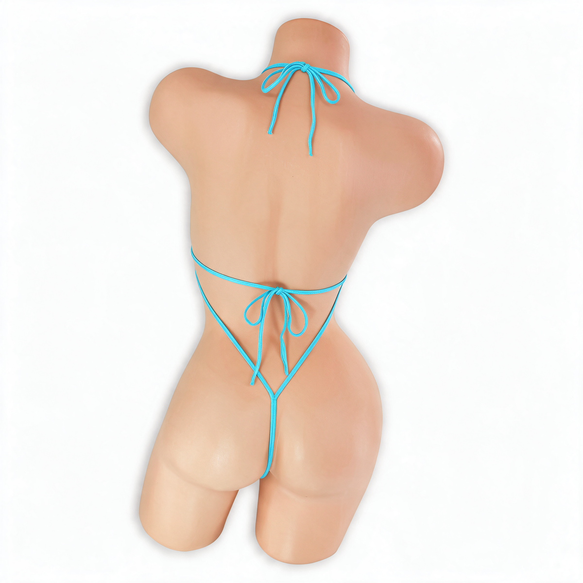 Aquamarine (Baby Blue) Juno Micro Bling Bodysuit back view on mannequin, halter neck tie, bow tie back and G-string