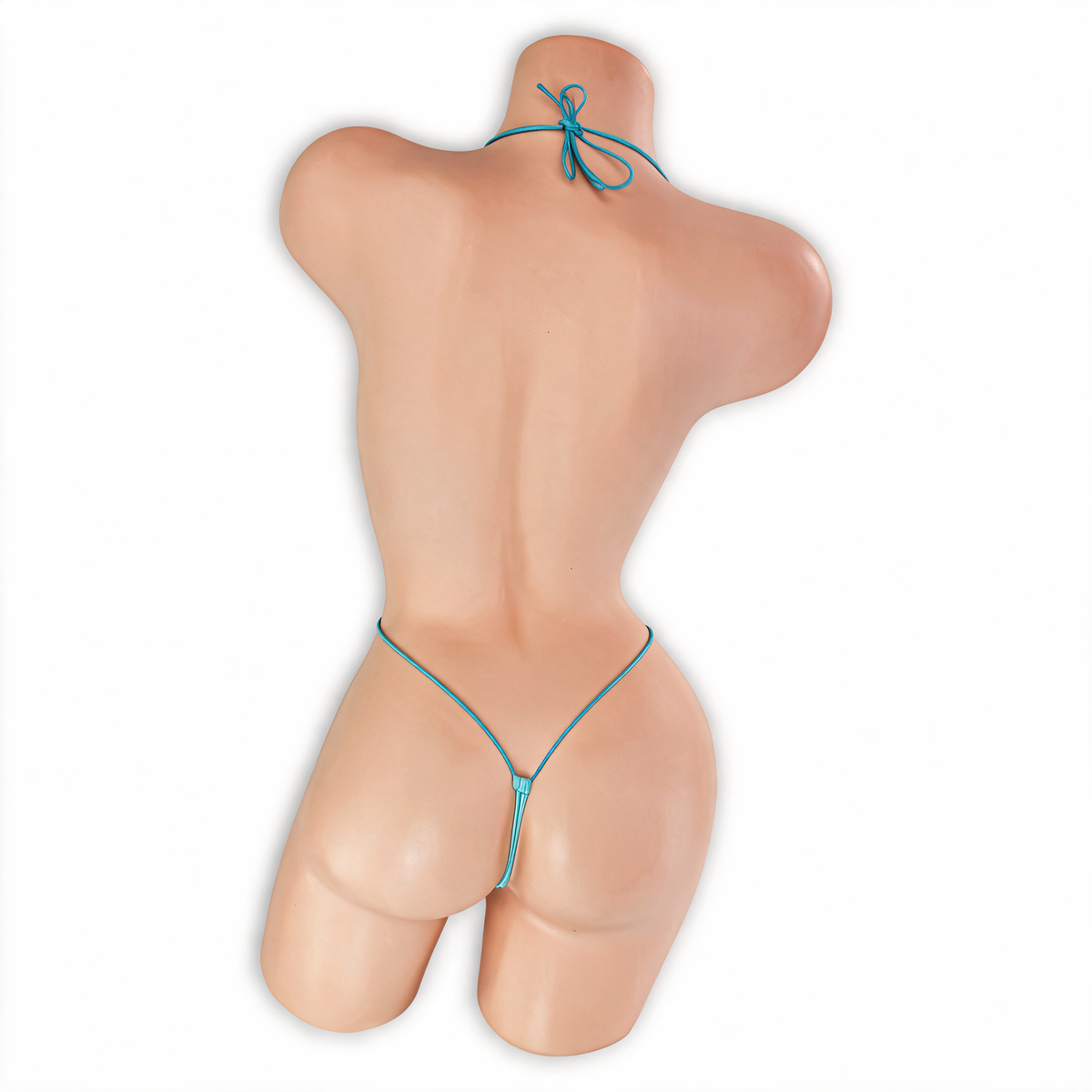 Aquamarine (Baby Blue) Kali Teeny Weeny Slingshot Bodysuit back view on mannequin, neck tie, waist string and G-string