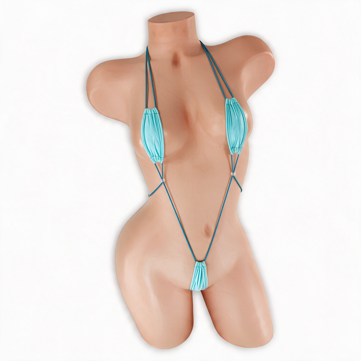 Aquamarine (Baby Blue) Kali Teeny Weeny Slingshot Bodysuit front view on mannequin, tiny scrunched cups and micro pouch