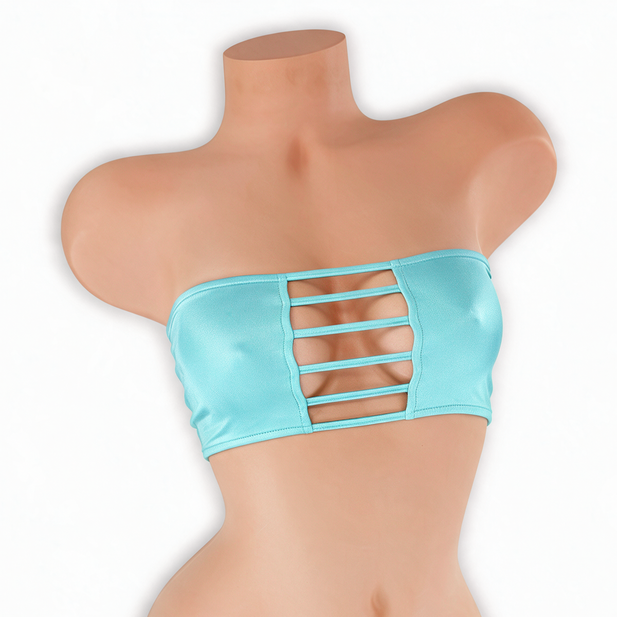 Aquamarine baby blue ladder cutout bandeau top on mannequin, front view, Golddiggers Boutique