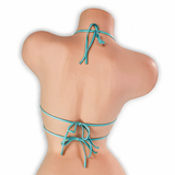 Aquamarine baby blue micro strappy tri top with O-ring on mannequin, back view, Golddiggers Boutique