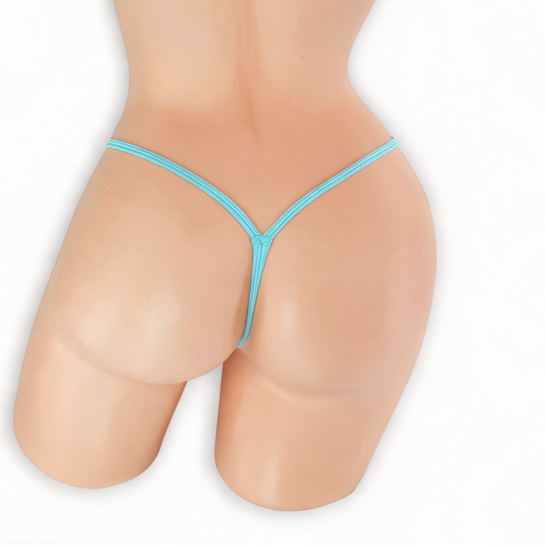 Aquamarine baby blue mini v-back thong on mannequin, back view, Golddiggers Boutique