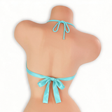 Aquamarine baby blue open front o-ring top on mannequin, back view, Golddiggers Boutique