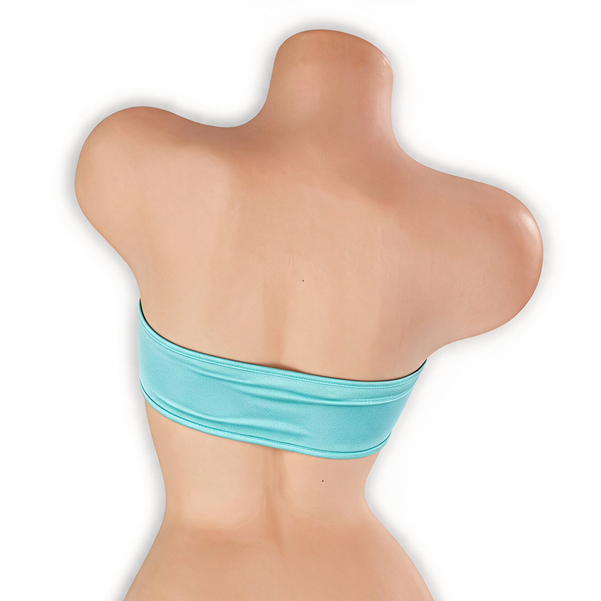 Aquamarine baby blue peekaboo bandeau top on mannequin, back view, Golddiggers Boutique