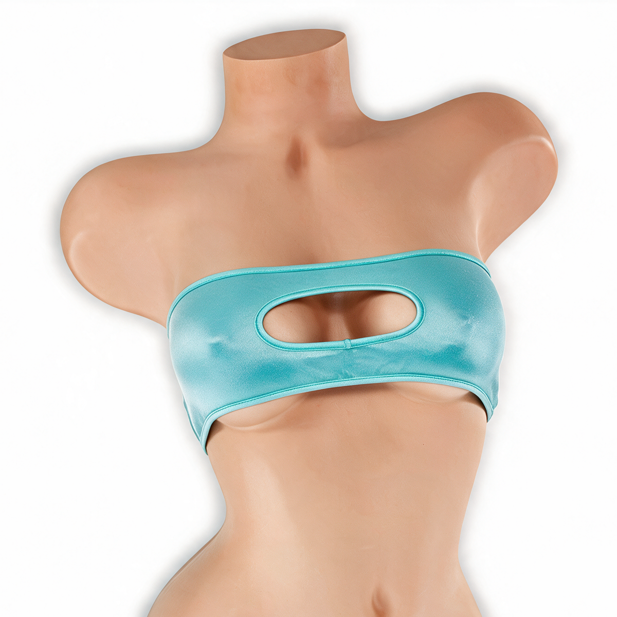Aquamarine baby blue peekaboo bandeau top with keyhole on mannequin, front view, Golddiggers Boutique