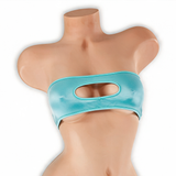 Aquamarine baby blue peekaboo bandeau top with keyhole on mannequin, front view, Golddiggers Boutique