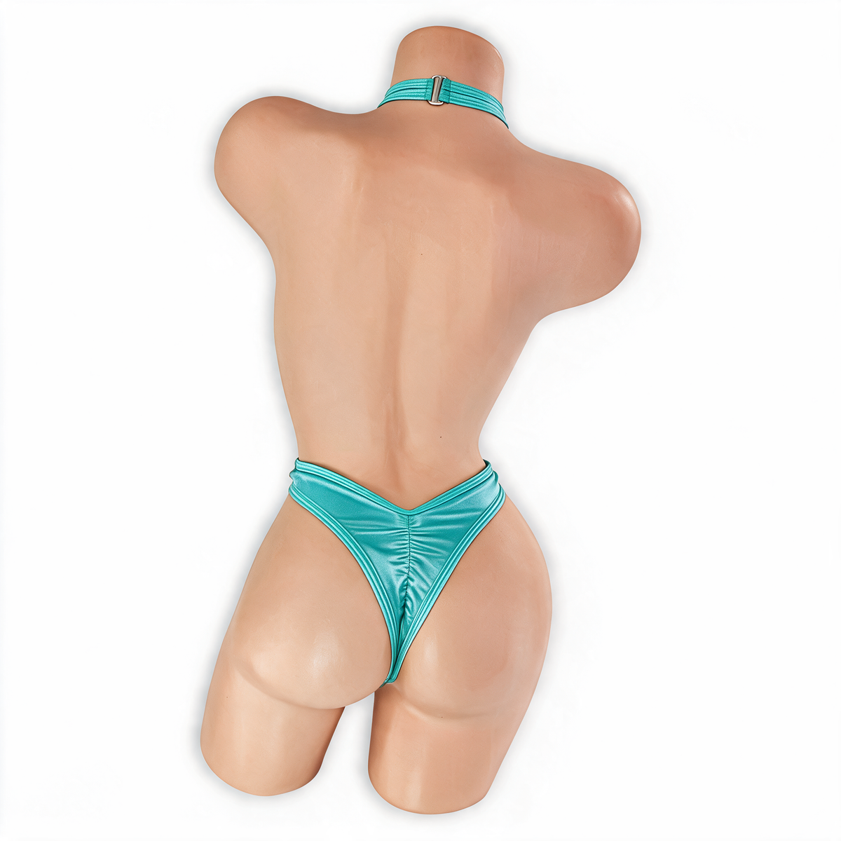 Aquamarine baby blue Savannah criss cross halter thong bodysuit, back, Golddiggers Boutique