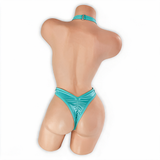 Aquamarine baby blue Savannah criss cross halter thong bodysuit, back, Golddiggers Boutique