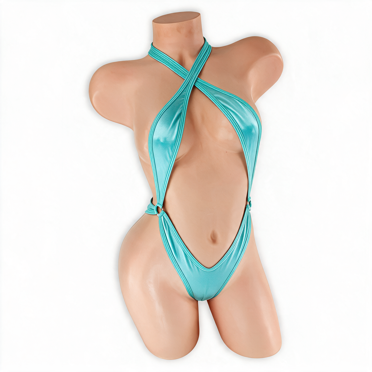 Aquamarine baby blue Savannah criss cross halter thong bodysuit, front, Golddiggers Boutique