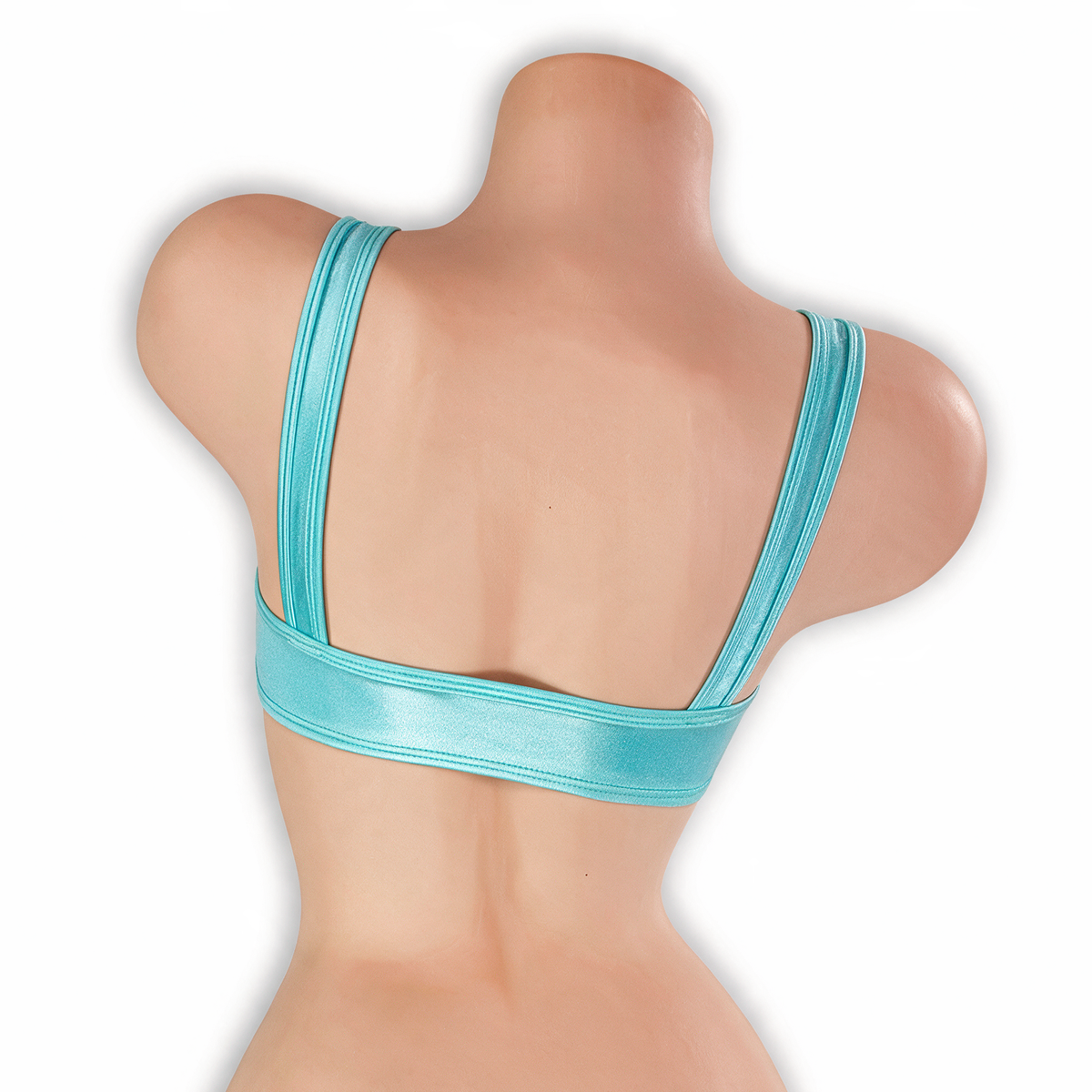Aquamarine baby blue sleek underboob top on mannequin, back view, Golddiggers Boutique