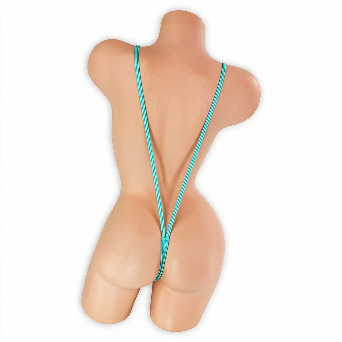 Aquamarine baby blue suspender slingshot thong on mannequin, back view, Golddiggers Boutique