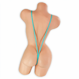 Aquamarine baby blue suspender slingshot thong on mannequin, back view, Golddiggers Boutique