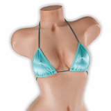 Aquamarine baby blue elastic string tri top on mannequin, front view, Golddiggers Boutique