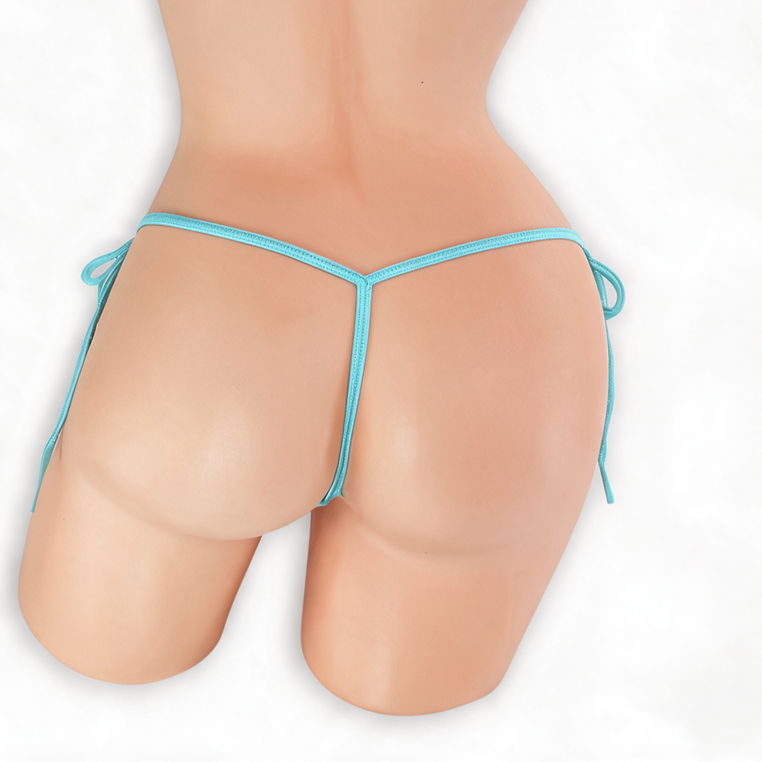 Aquamarine baby blue tie side g-string on mannequin, back view, Golddiggers Boutique