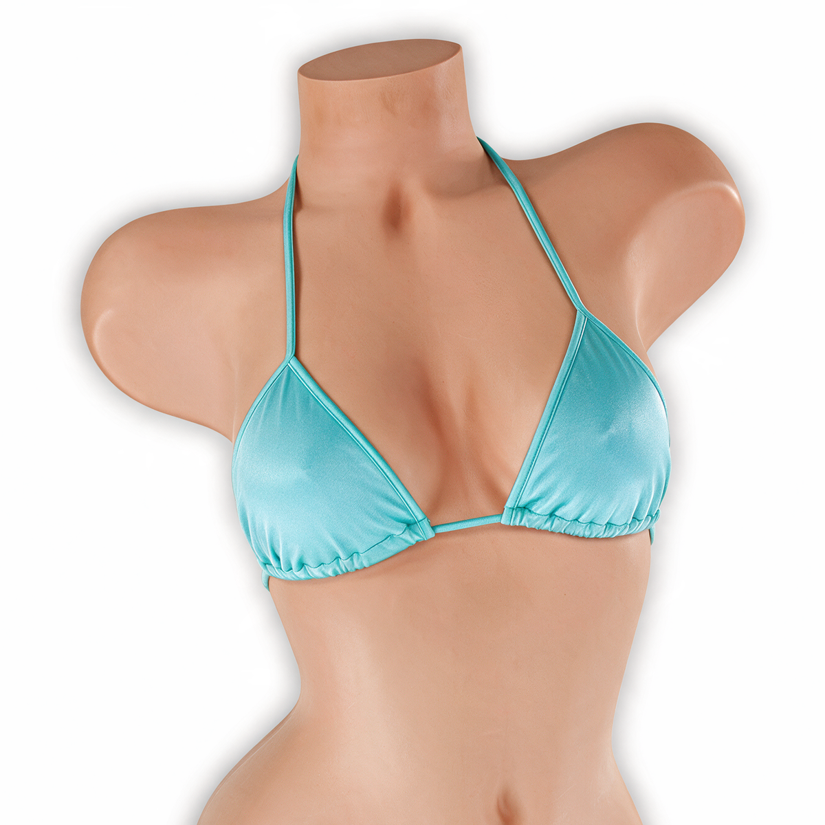 Aquamarine baby blue tri top on mannequin, front view, Golddiggers Boutique